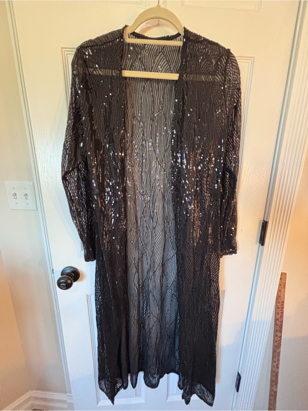 Black Sequin Long Open Duster Coat – Women's Evening Layer